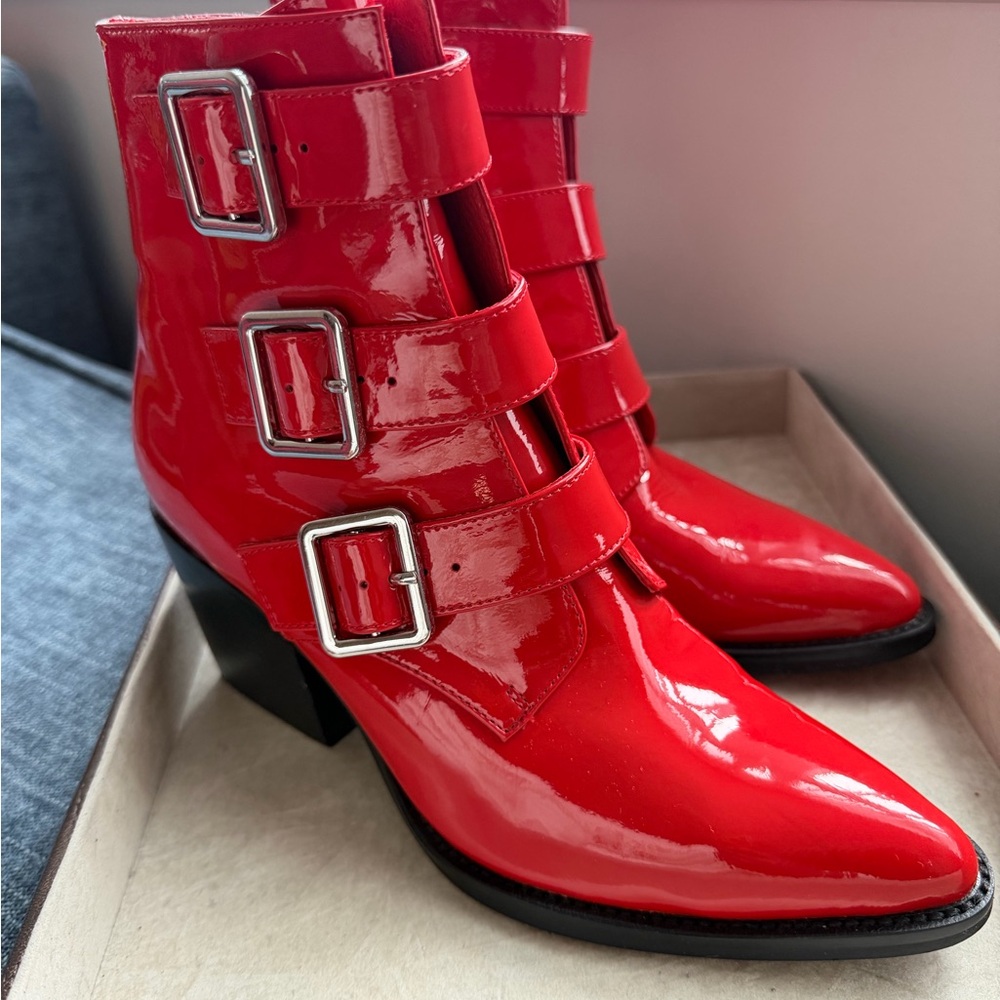 Django & Juliette Marzena Buckled Red Patent Leather Ankle Boots - Picture 16 of 16
